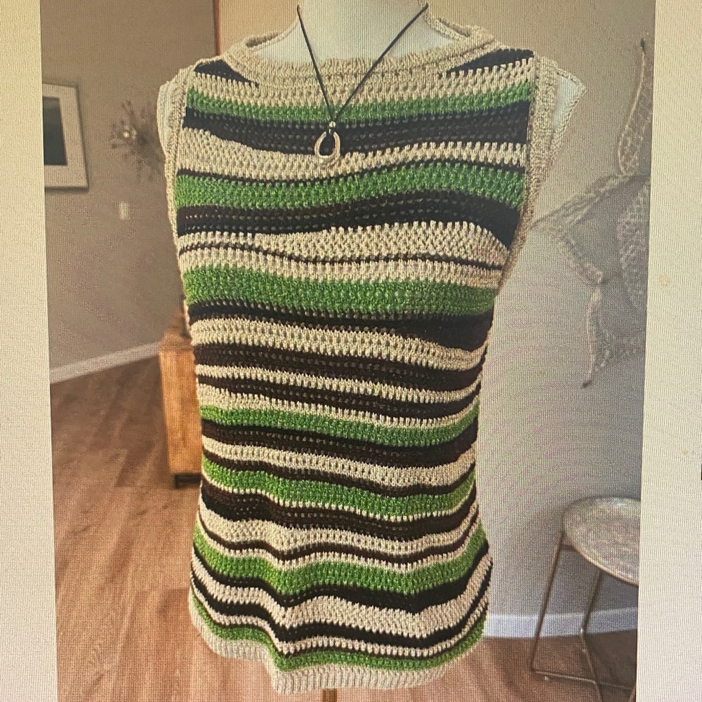 Striped Crochet Sleeveless Top in Green, Black & Cream